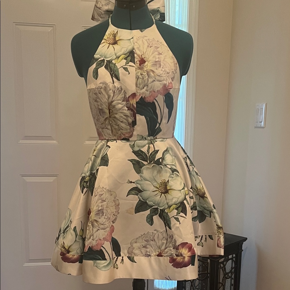 Lulu's Floral Halter Mini Dress - Cream and Pink